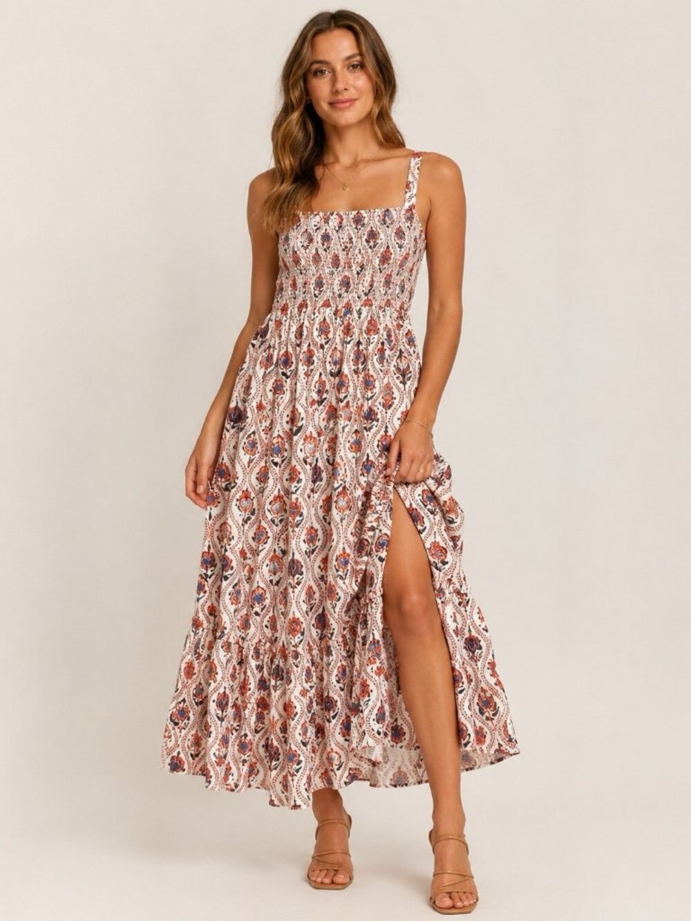 Sachin & Babi floral smocked tired ruffle maxi dress 8 Cottage Romantic Summer